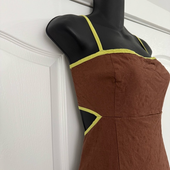 Maeve Anthropologie Dafni Cutout Linen Midi Dress Brown/Lime Green L - Picture 8 of 10
